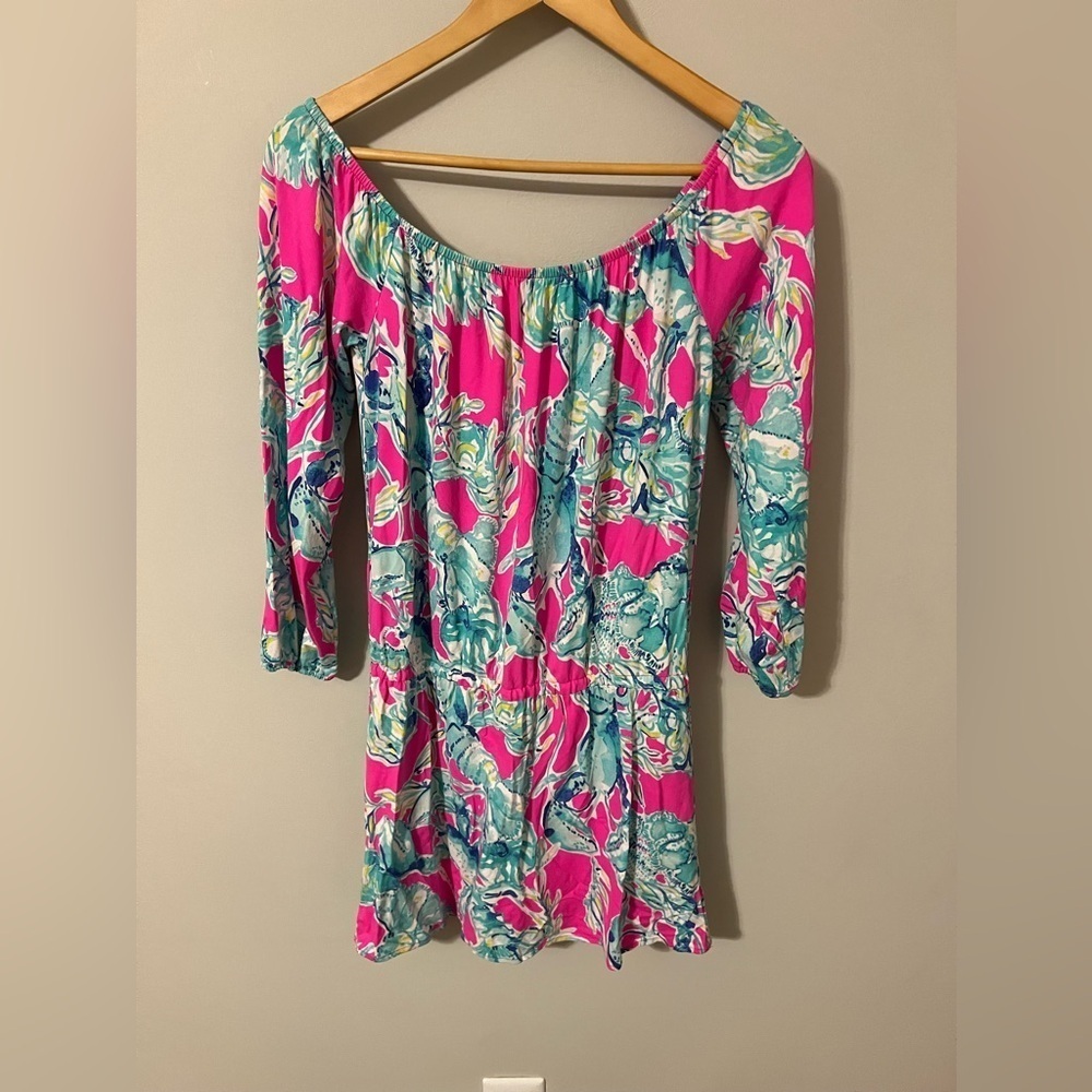 LILLY PULITZER Lana Off the Shoulder Raz Berry Lobsters in Love Romper Sz Small